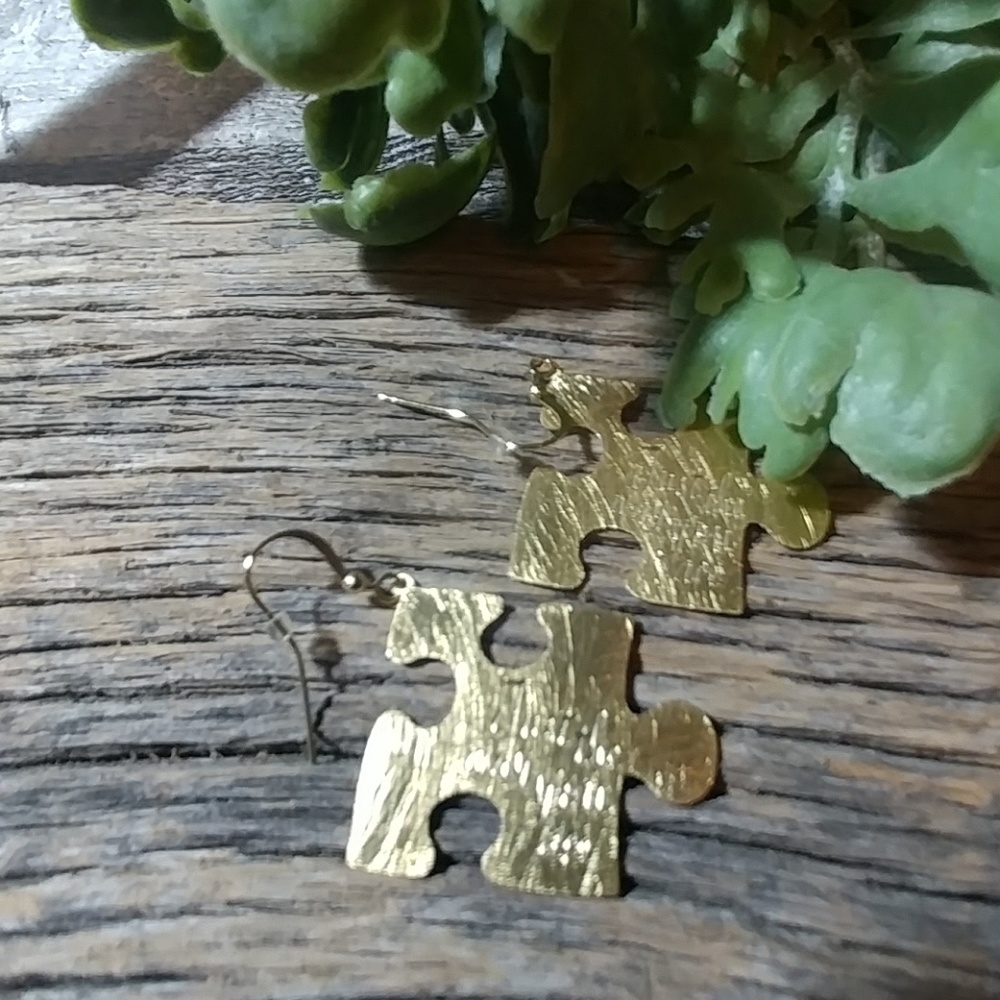 Autism awareness Gold puzzle piece earrings - Picture 2 of 5